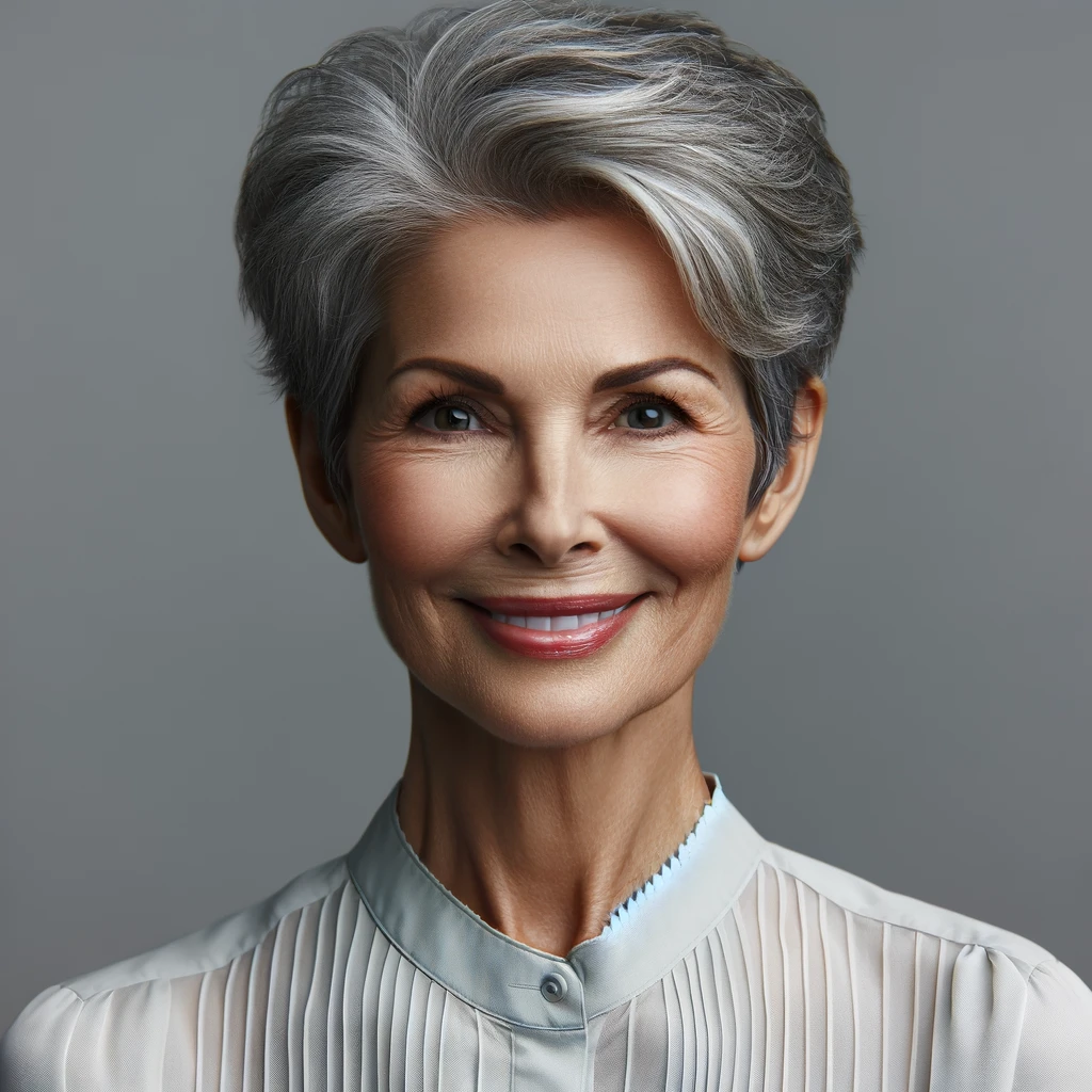 DALL·E 2024-06-06 15.49.57 - A professional American headshot of a senior woman with short gray hair, wearing a formal blouse and smiling warmly