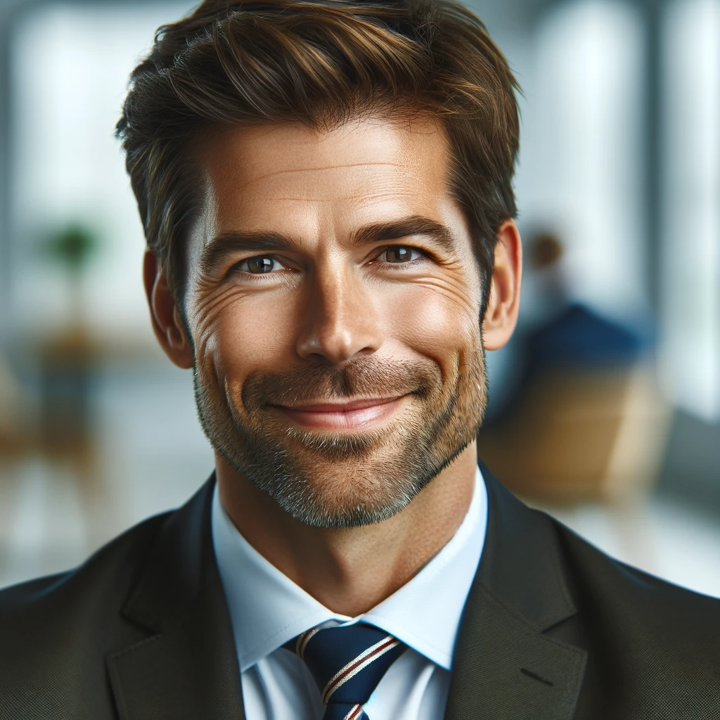 DALL·E 2024-06-06 15.50.20 - A professional American headshot of a middle-aged man with short brown hair, wearing a suit and tie, smiling confidently