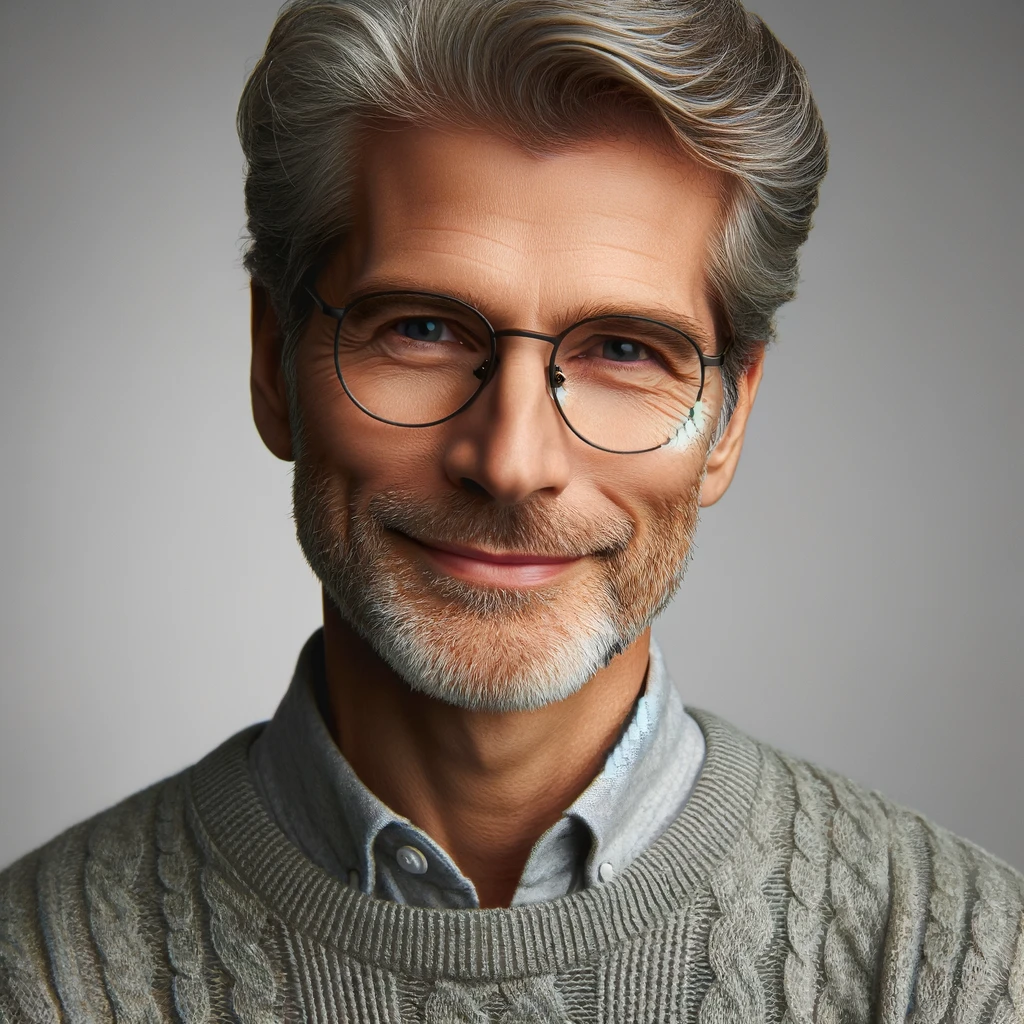 DALL·E 2024-06-06 15.50.27 - A professional American headshot of a senior man with gray hair, wearing glasses and a sweater, smiling gently